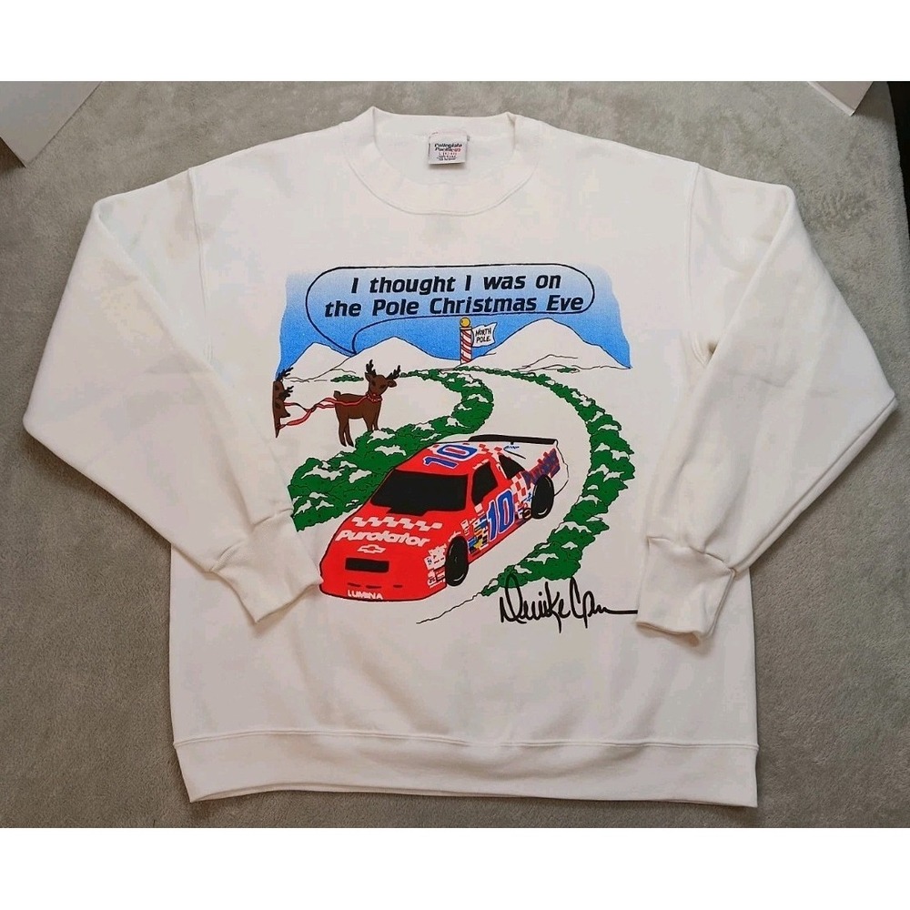 Vtg Unique Rare Derrike Cope NASCAR White Sweatshirt Men's L Christmas Eve Pole